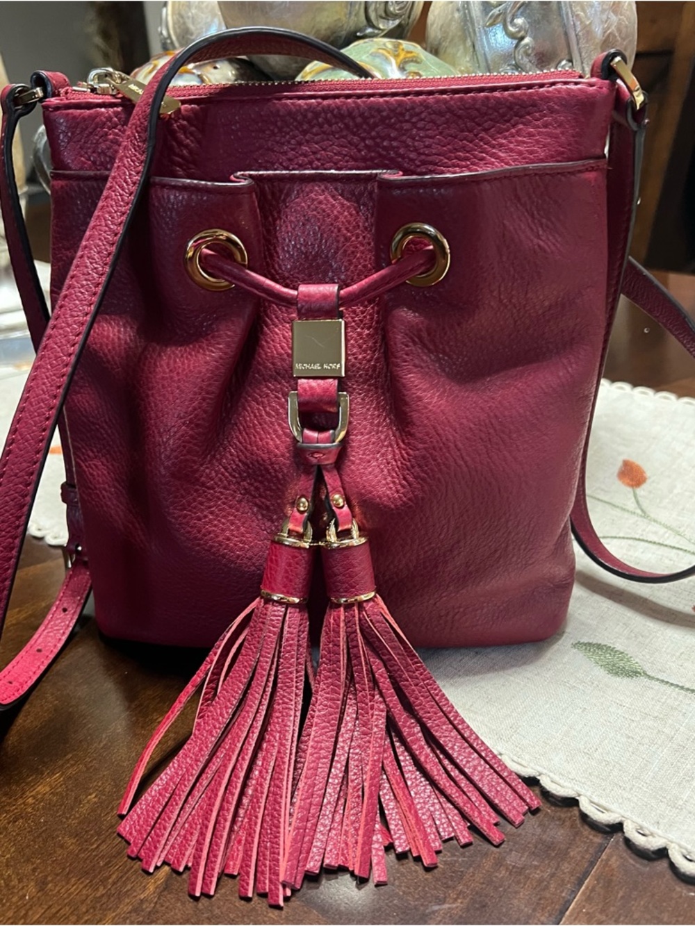 Michael Kors Berry Leather Tassel Drawstring Crossbody Bag